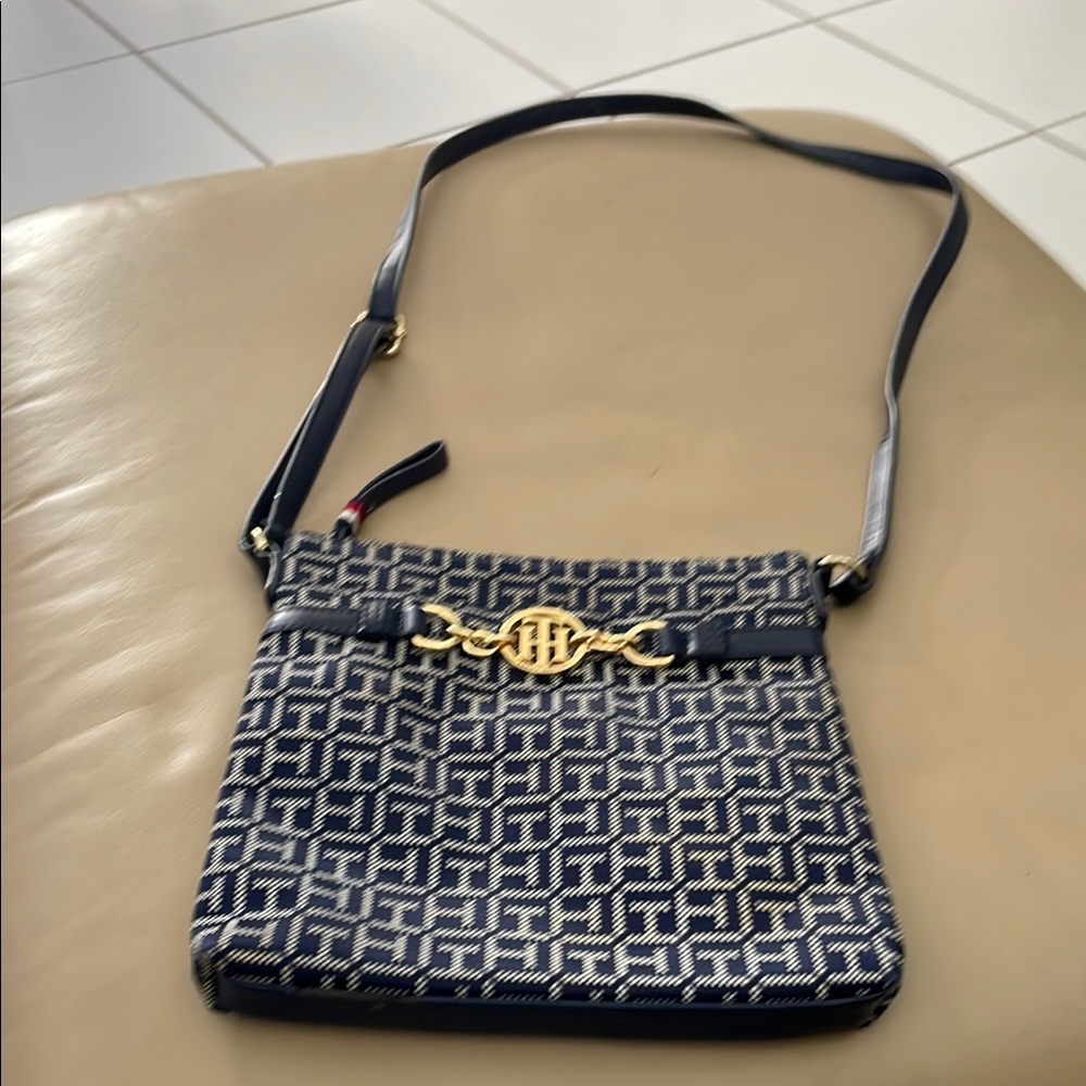 Tommy Hilfiger Blue and Gold Crossbody Bag pre owned slight wear see photos
